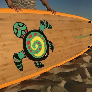 CMP Cruiser Bamboo Stand Up Paddleboard bottom, bamboo / graphic art, turtle artwork detail "CMP Boards"