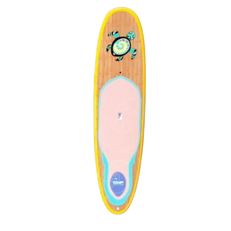 CMP Cruiser Bamboo Stand Up Paddleboard deck, bamboo / graphic turtle art, yellow rails, round nose & tail