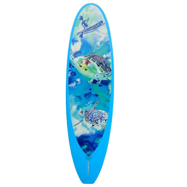 FUNKY SUPS Meet Shelby Stand Up Paddleboard bottom blue, 3D Graphic artwork 2 turtles, "FUNKY SUPS" logo