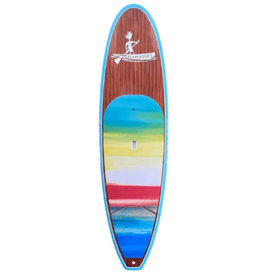 FUNKY SUPS Tutti Frutti Stand Up Paddle Board Package deck, timber / graphic art deck pad, round nose, pulled squashed tail, blue rail "FUNKY SUPS" logo