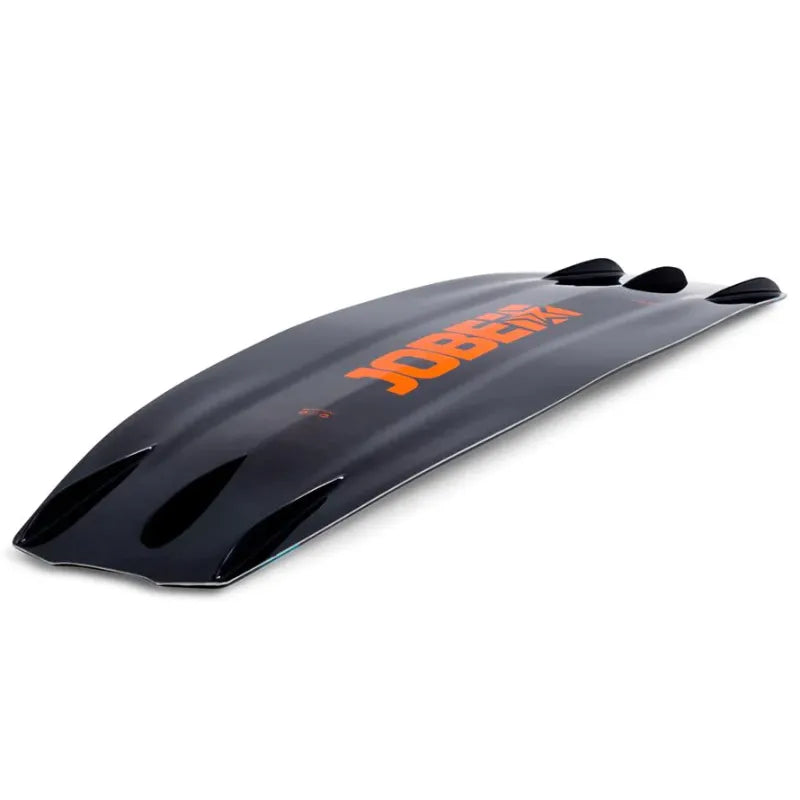 JOBE Logo Series Wakeboard Double concave bottom & fins side angle view