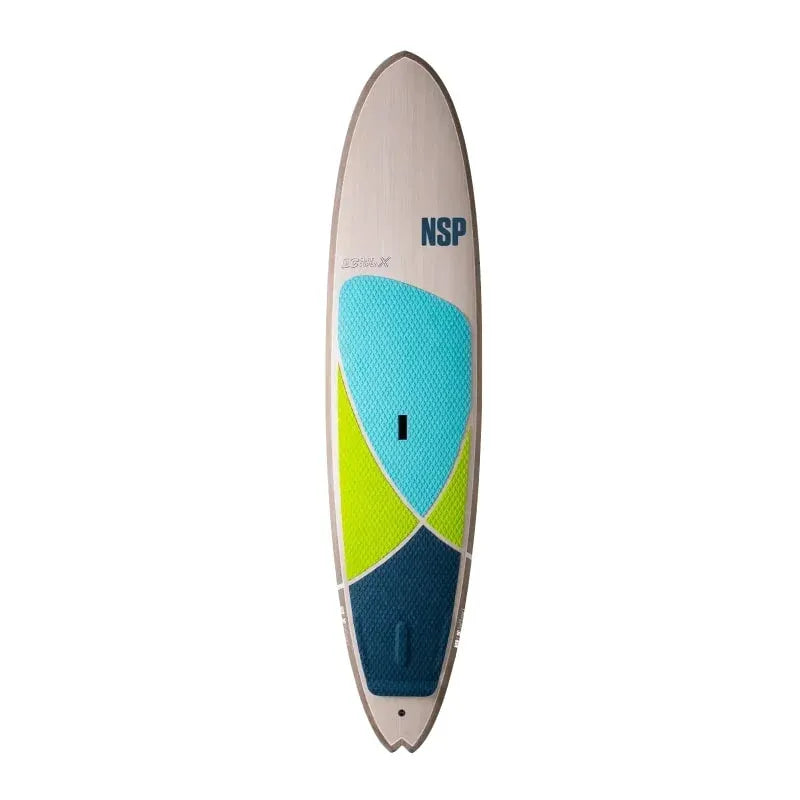 NSP DC Super X 2021 Surf Stand Up Paddle Board Green Blue Aqua Thermoformed EVA Deck "DC SURF SUPER X" "NSP" logo Centre Ledge Handle Swallow Tail