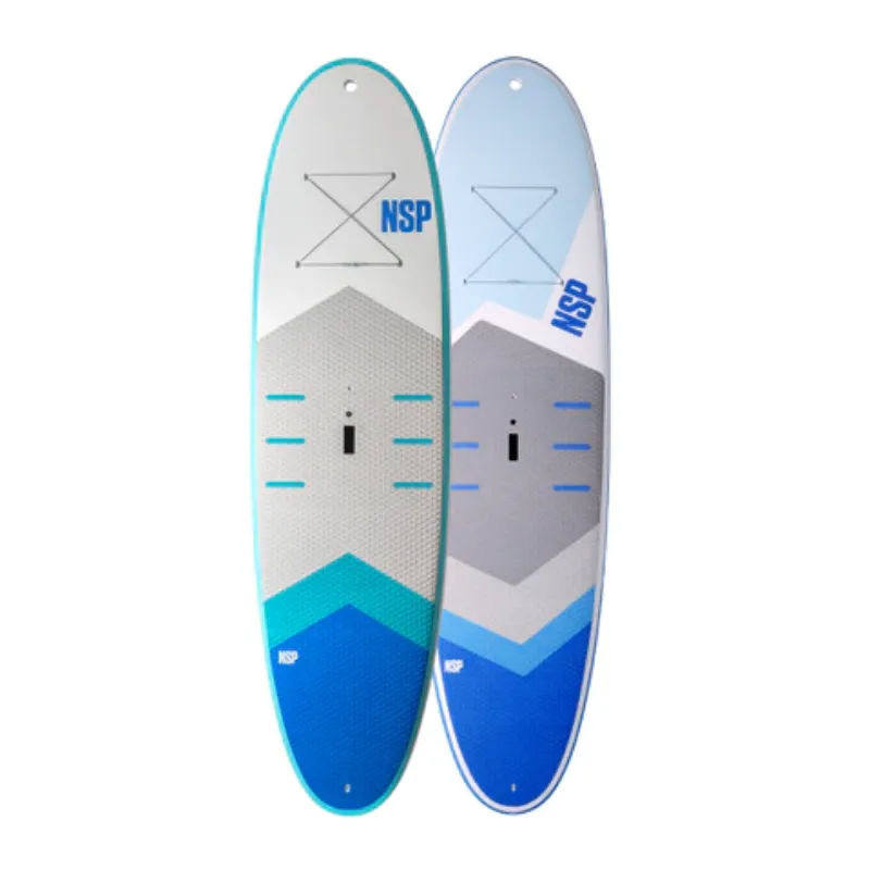 NSP HIT Cruiser Stand Up Paddle Board White & Blue Deck "NSP" logo EVA Deck Sail Insert Centre Ledge Handle Standing Mark Bungee Storage Round tail