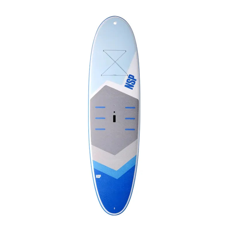 NSP HIT Cruiser Stand Up Paddle Board Blue Deck "NSP" logo EVA Deck Sail Insert Centre Ledge Handle Standing Mark Bungee Storage Round tail