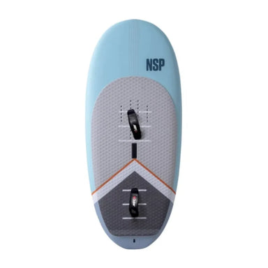 NSP Hot Shot Wing Foil Board (blue/grey) "NSP" logo, Colour coded Thermoformed EVA Deck, Kick Tail, Foot Marks, MFC Foot straps, Centre SUP Handle, Leash plug 