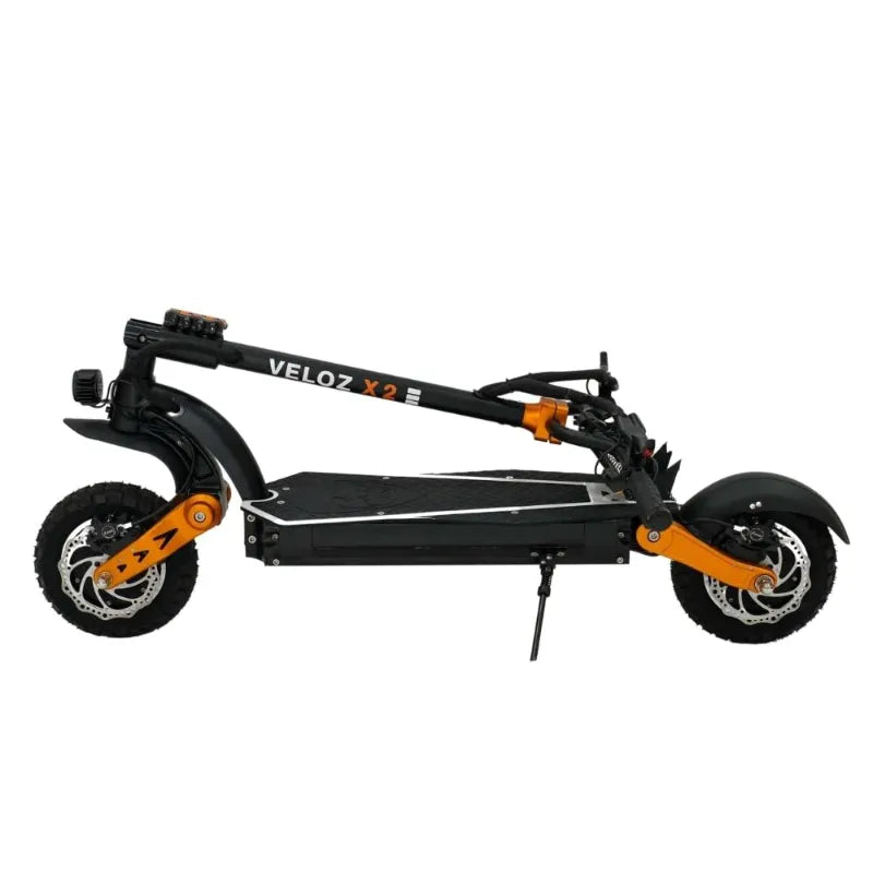 VELOZ X2 Dual Motor 2400W Electric Scooter Orange folded left side view