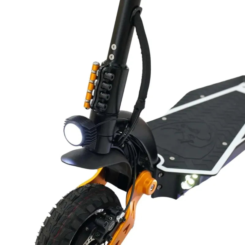 VELOZ X2 Dual Motor 2400W Electric Scooter Orange front wheel and headlight left angle view