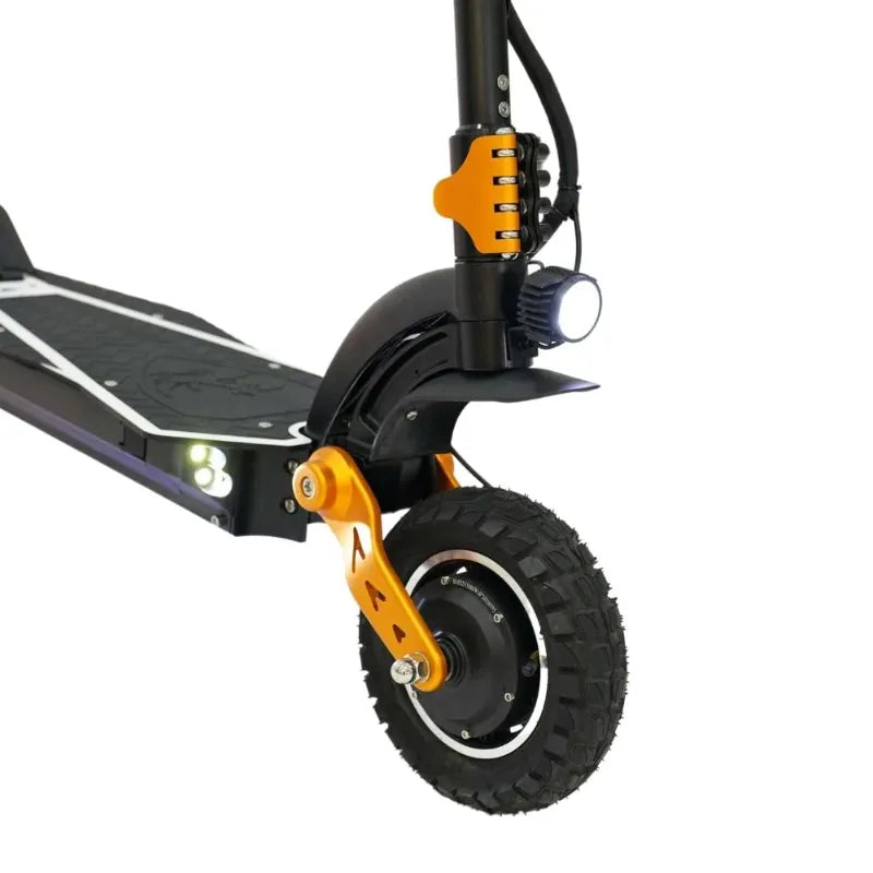 VELOZ X2 Dual Motor 2400W Electric Scooter Orange front wheel and headlight right angle view